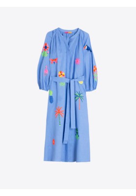 vestido azul bordado tropical