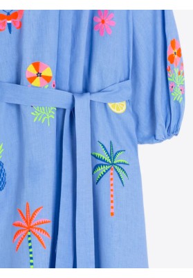vestido azul bordado tropical